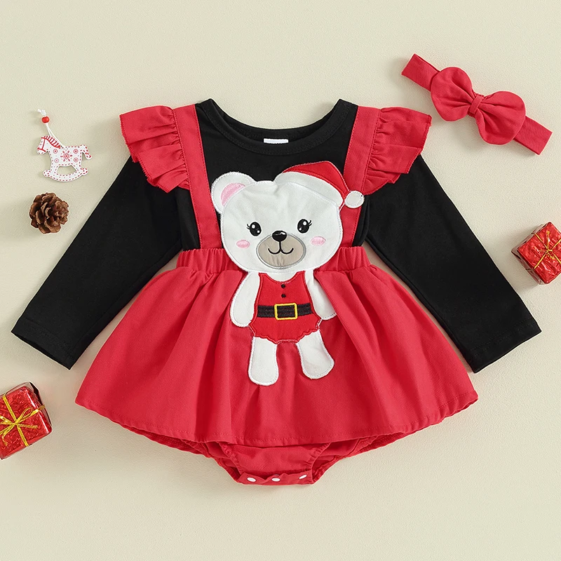 

Newborn Clothes Infant Baby Girls Christmas Romper Dress Bear Embroidery Jumpsuit with Bow Headband 0-18M