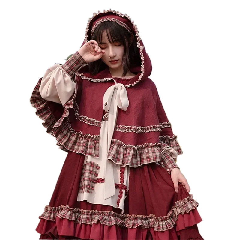 

Elegant Sweet Lolita Girl Princess Dress Vintage Patchwork Red Dress with Cloak Cute Female Cosplay Evening Party Mini Dress