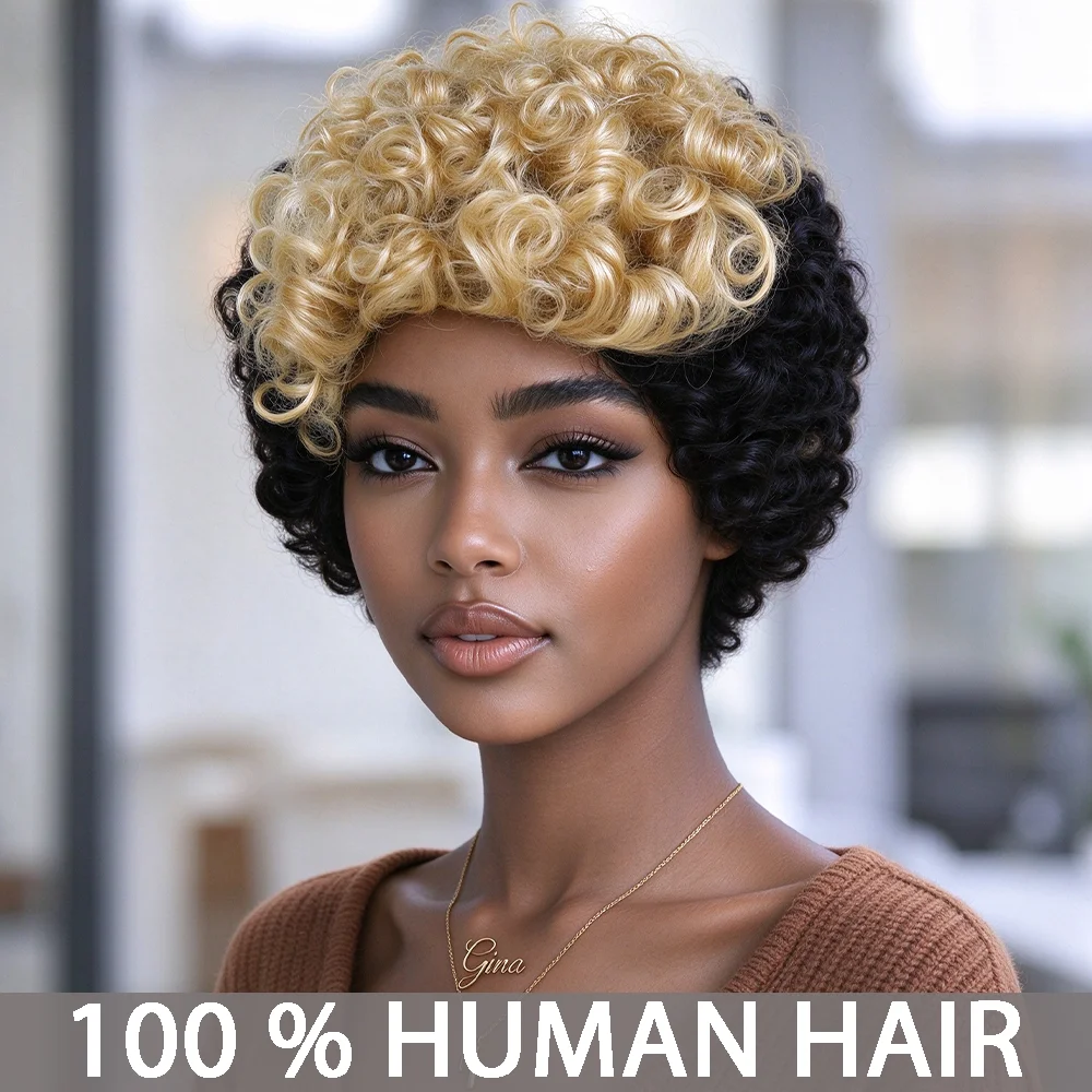 Layered Short Straight Pixie Cut Human Hair Wig for Women with Bangs 1B/27# Blonde Remy Peruvian Machine-Made Full, 150% Density