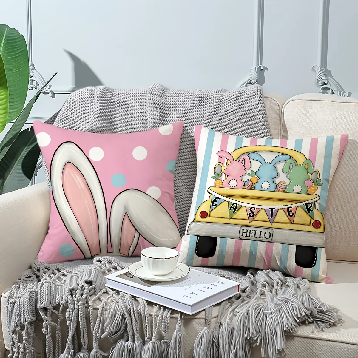 1PC Easter Polka Dots Bunny Throw Pillow Covers For Porch Patio Couch Sofa Living Room Outdoor, Without Pillow Inserts