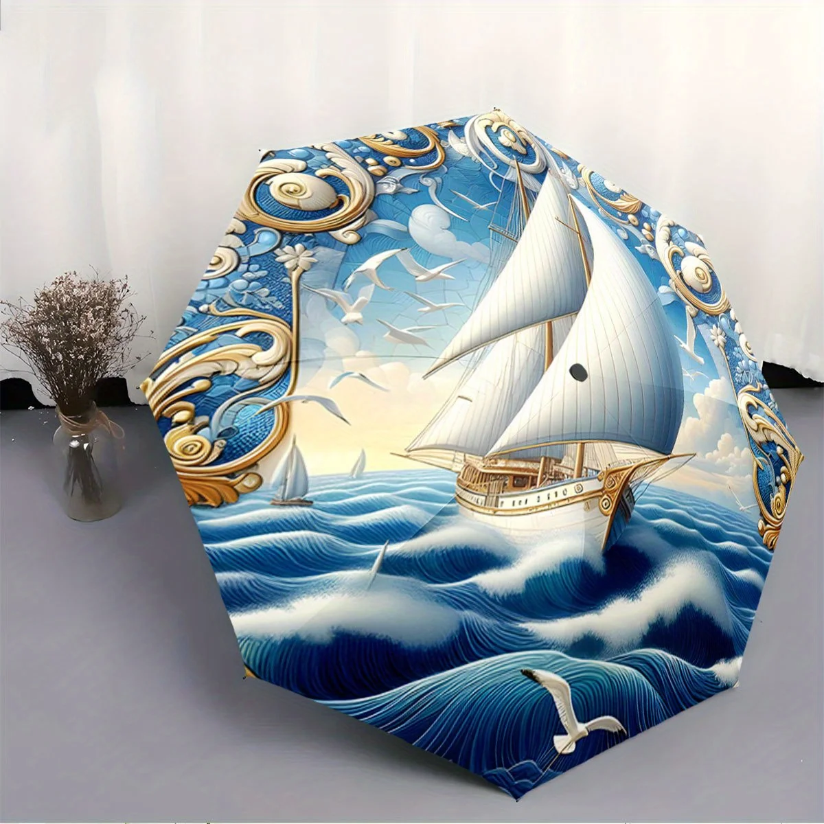 

Automatic Folding Umbrella Sailing ship on ocean waves. Portable collapsible design, casual outdoor accessory, for all seasons