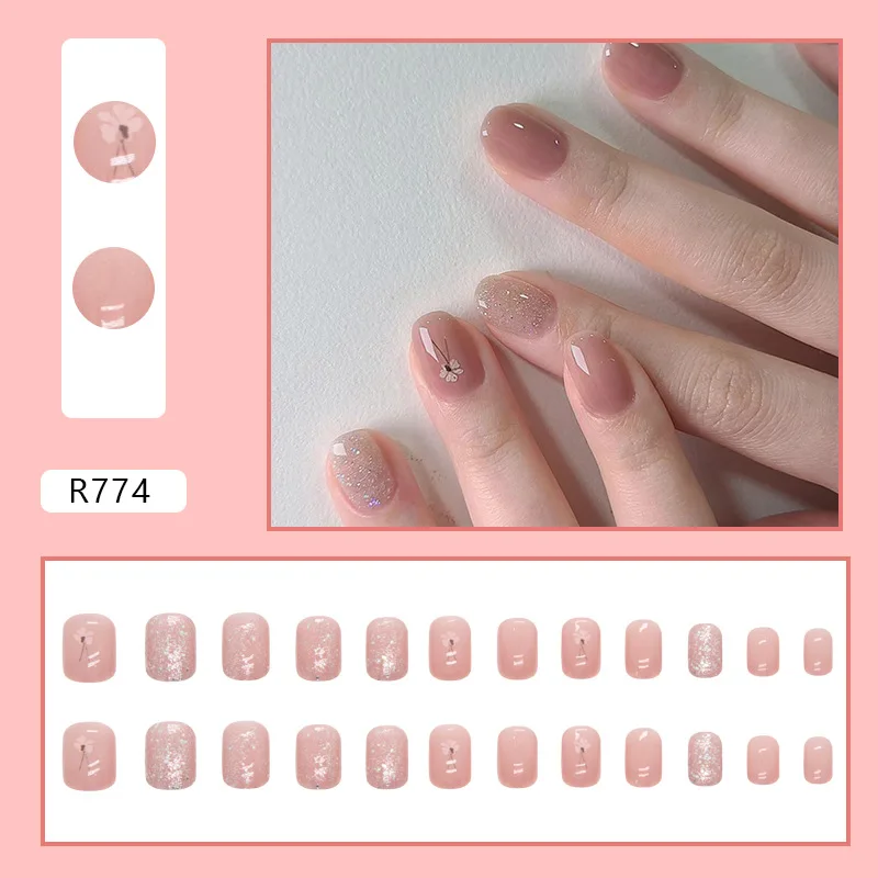

24PCS Vintage French Press-On Nails – Short Round Shape With Nude Base & Delicate Floral Glitter False Nail For Women Girl