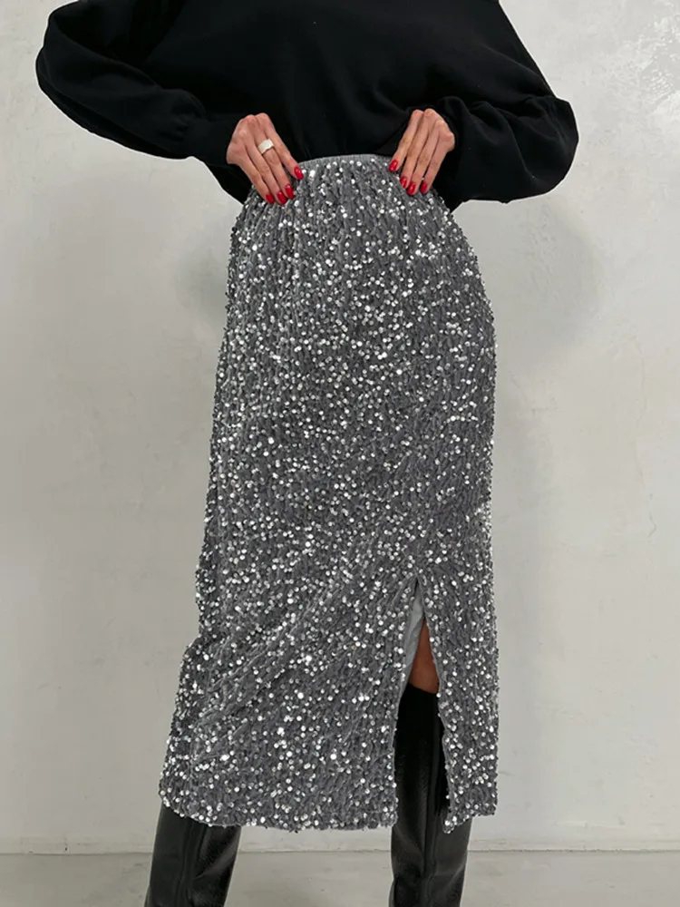 

SKMY Sparkle Party Bodycon Skirts 2025 Winter Women Clothing Streetwear Sequined High Waisted New Year Split Mid-Length Skirts