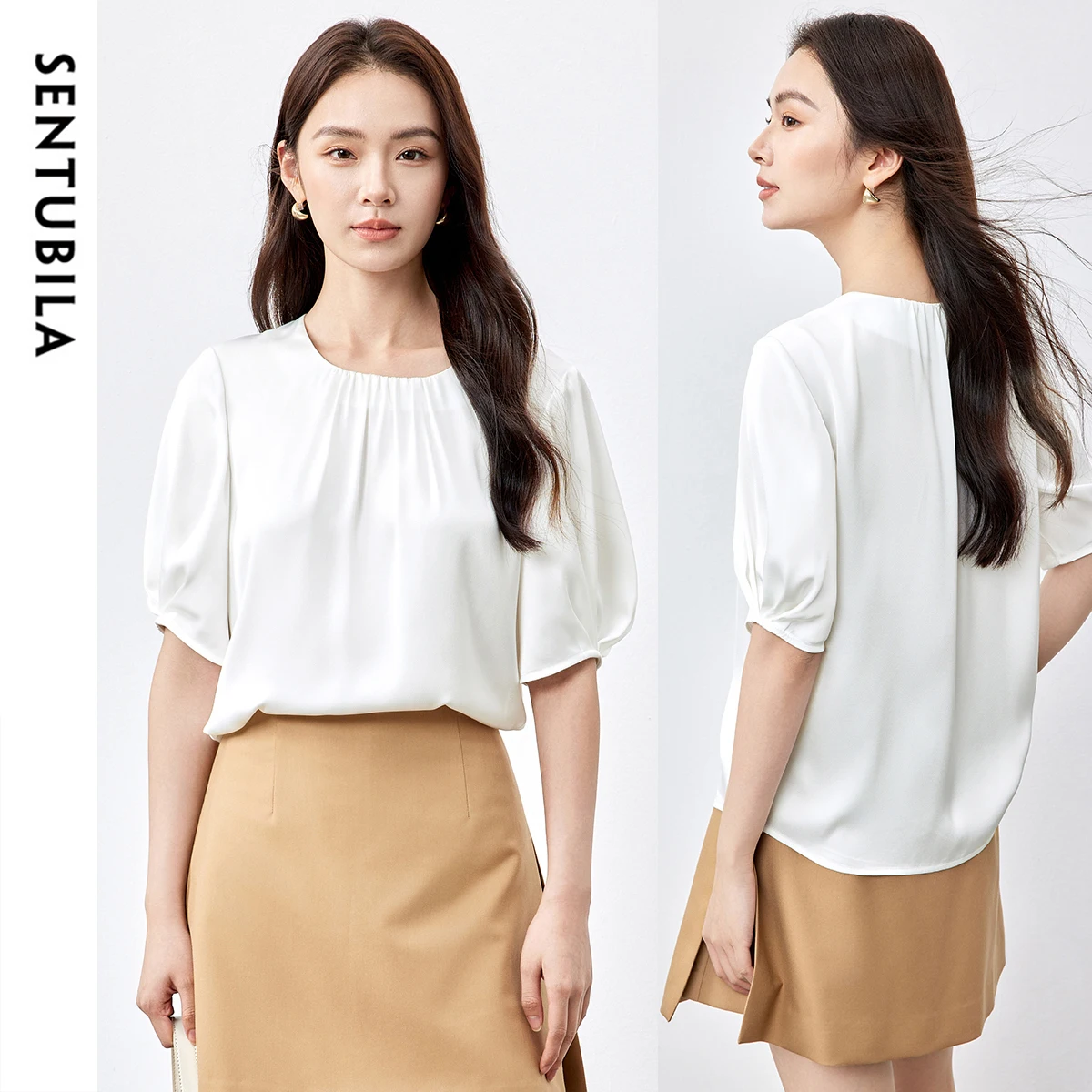 

Женская белая шифоновая блузка SENTUBILA 2026, летняя, с коротким рукавом, круглым вырезом, элегантная, свободного кроя, для офиса, 152V57956