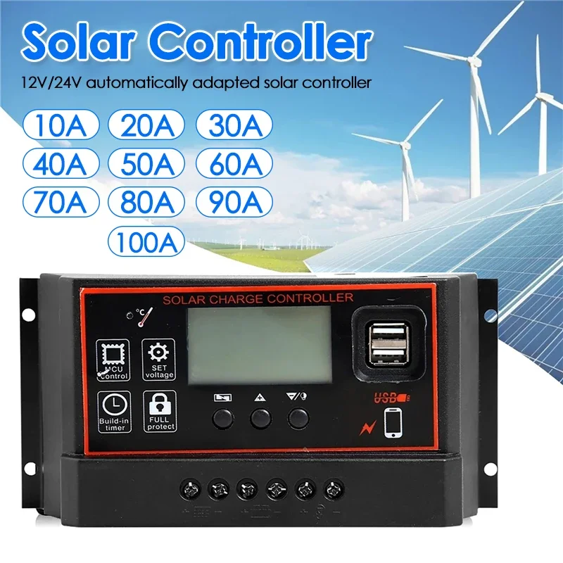 100/90/80/70/60/50/40/30/20/10A Solar Charge Controller Dual USB LCD Display Output 5V Auto Solar Panel Battery Charge Regulator