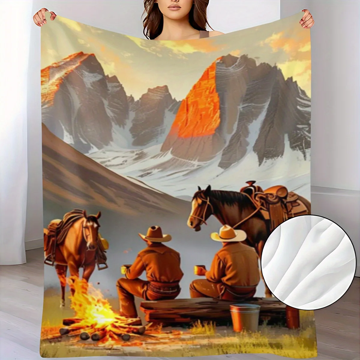 The Cowboy And Horse Design Features a Soil Color Pattern on a Flannel Blanket, Perfect for Dorms And Office Naps. This Printed