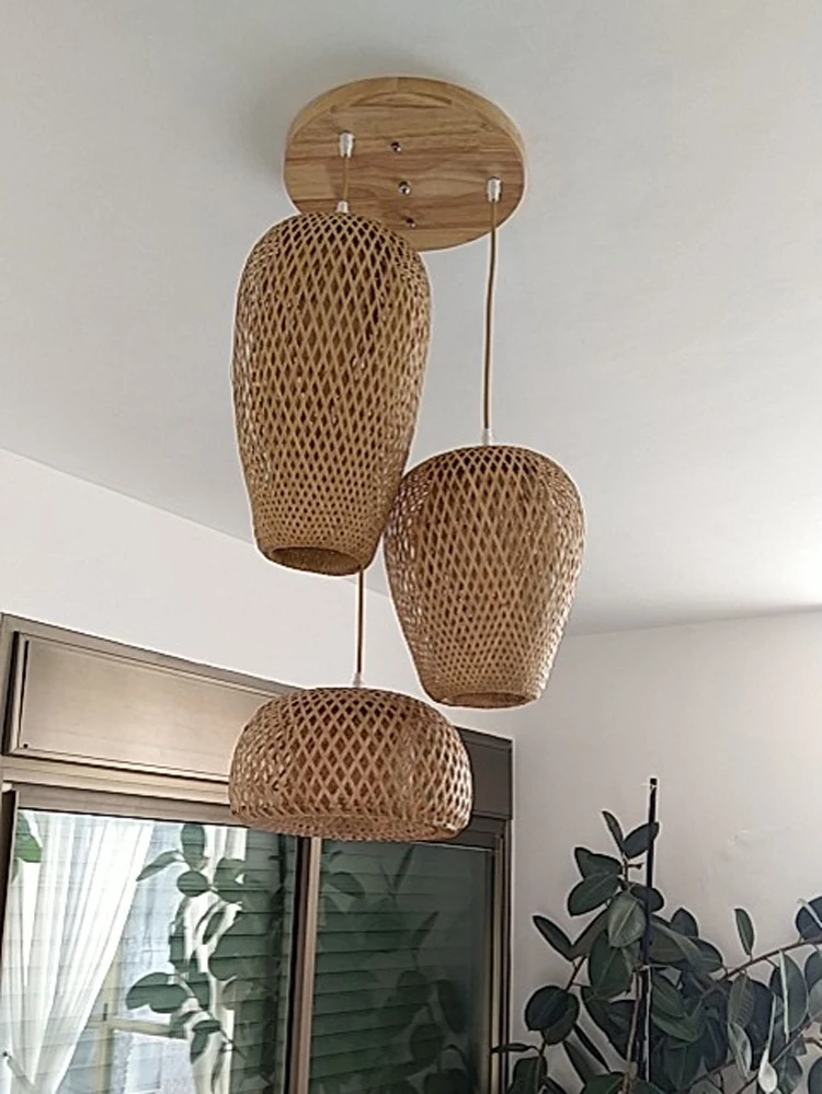 Bamboo Lantern Pendant Lamp Natural Rattan Wicker Chandeliers Hand-Woven Bamboo Lampshades E27 Lighting Fixtures 110V 220V