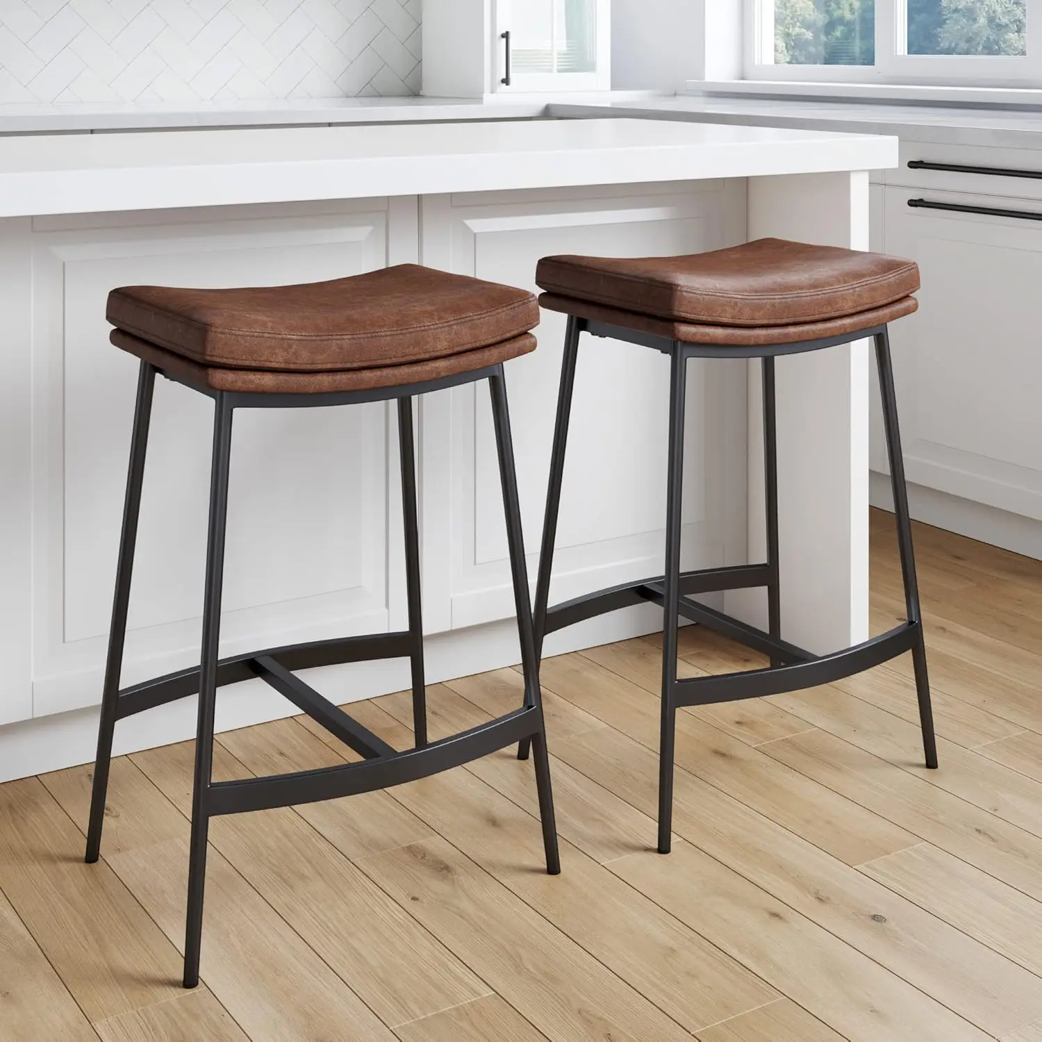 Nathan James Arlo Modern Backless Upholstered Kitchen Counter Bar Stool with Double-Layered Saddle Seat and Black Metal Base,