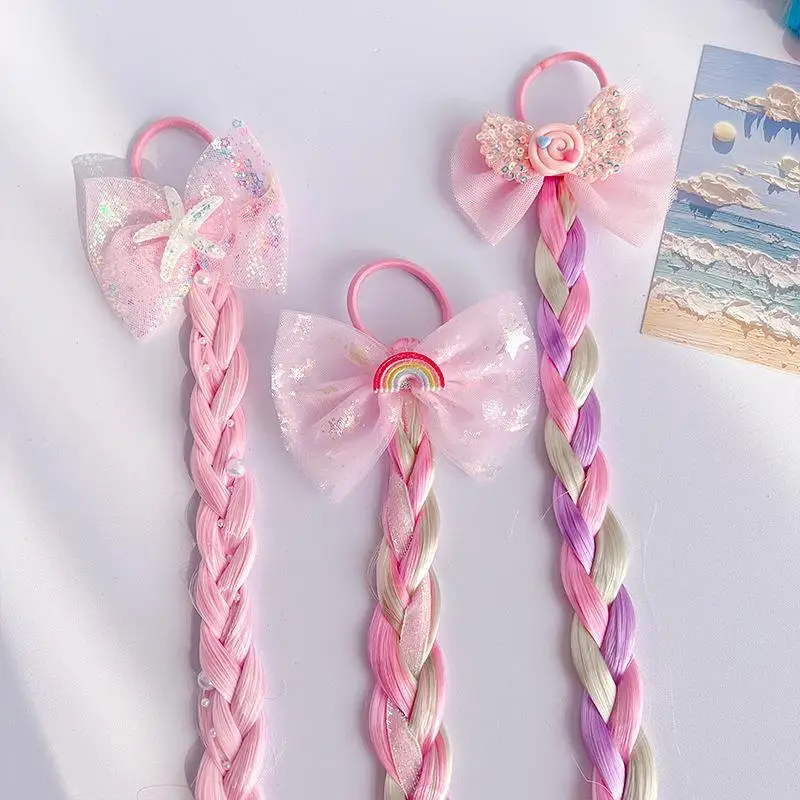 Unicorn Cute Wigs Ponytail for Kids Girl Candy Color Cartoon  Butterfly Bow Ponytail Hair Styling Rubber Bands Headwear Braid