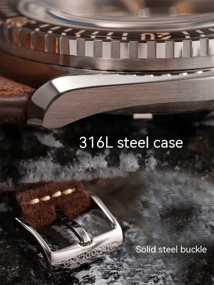 Hruodland F025 Retro Sports Men Watches NH35 Automatic Mechanical Stainless Steel Brown Leather Strap Diving Wristwatch for Male image 3