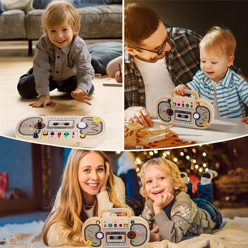 

A13Q-Montessori Wooden Digital Voice Recorder,5 Music Toggle Switchs ,Toddler Busy Board With 7 LED Light Montessori