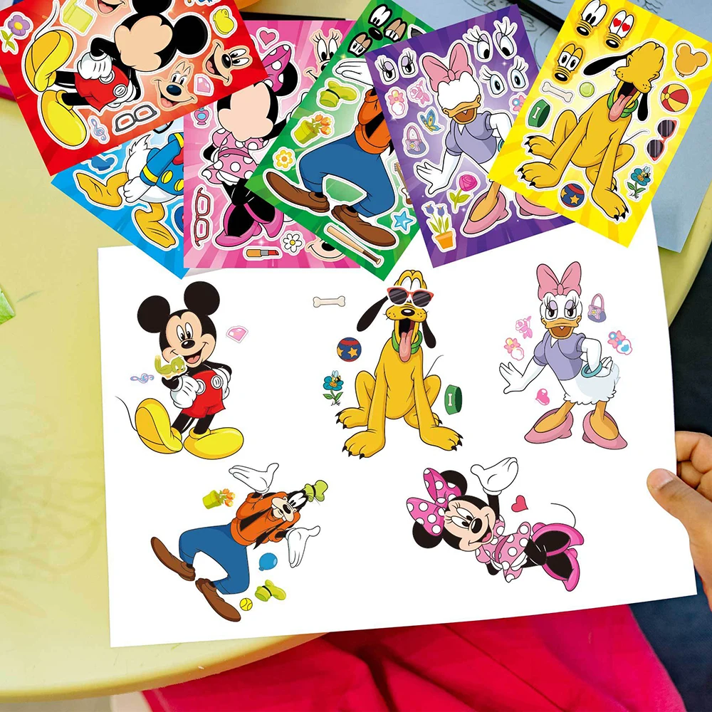 6/12Sheets Disney Make a Face Puzzle Stickers Mickey Mouse Donald Duck Kids Assemble Jigsaw Toys Children Funny Game Party Gift