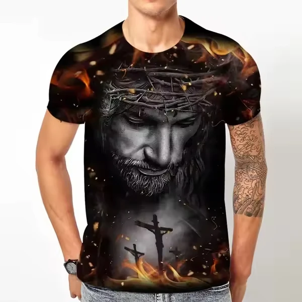 

Футболки с 3D принтом и крестом Иисуса, мужская уличная одежда, повседневная футболка с коротким рукавом, футболки большого размера, топы Harajuku Y2k, мужская одежда