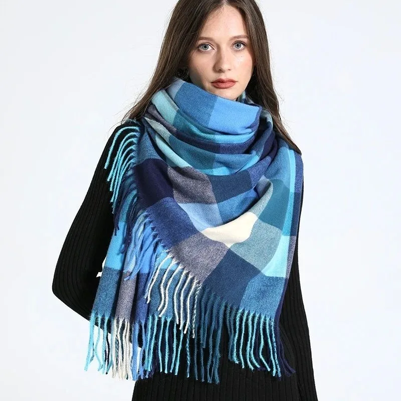 2024 New Women's Simulated Cashmere Checker Scarf - Classic British Style Color-Block Plaid with Exquisite Tassel Design