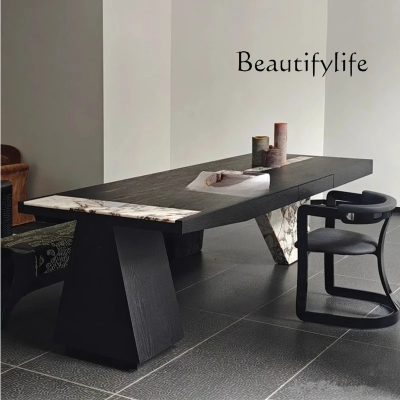 

Italian minimalist solid wood tea table simple marble tea table black flower rock slab tea table