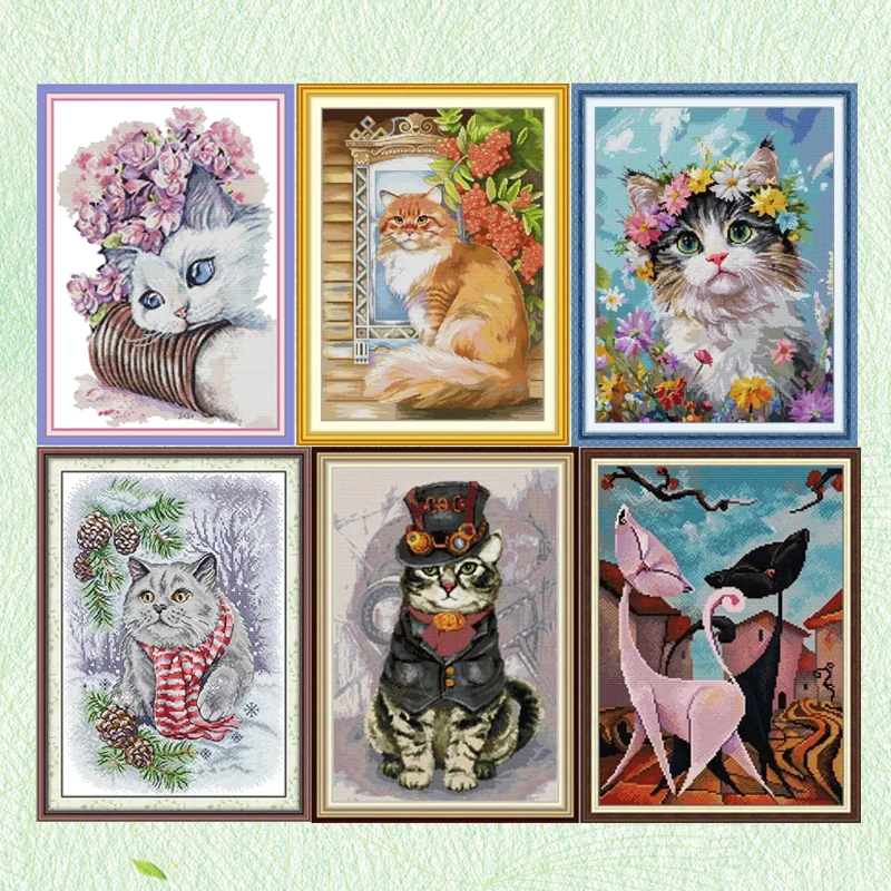 

Joy Sunday Cross Stitch Kit Funny Cats HD Pattern Aida 16/14/11CT Counted Printed Canva DIY Hand Embroidery Kit With Tool Hot