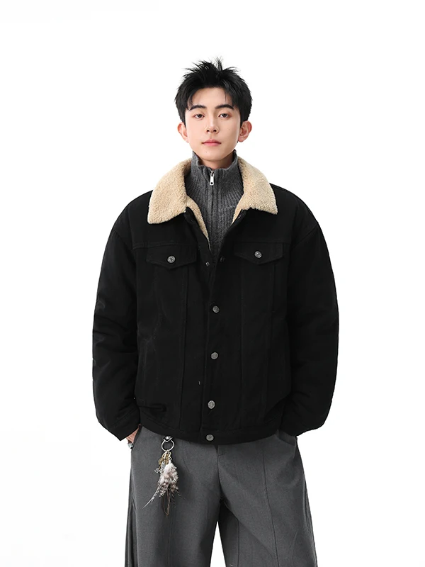 

Thickened Fleece Lined Sheepskin Denim Jacket Men's Winter Trend Brand Warm Workwear Jacket Cotton Coat American Retro Cotton...