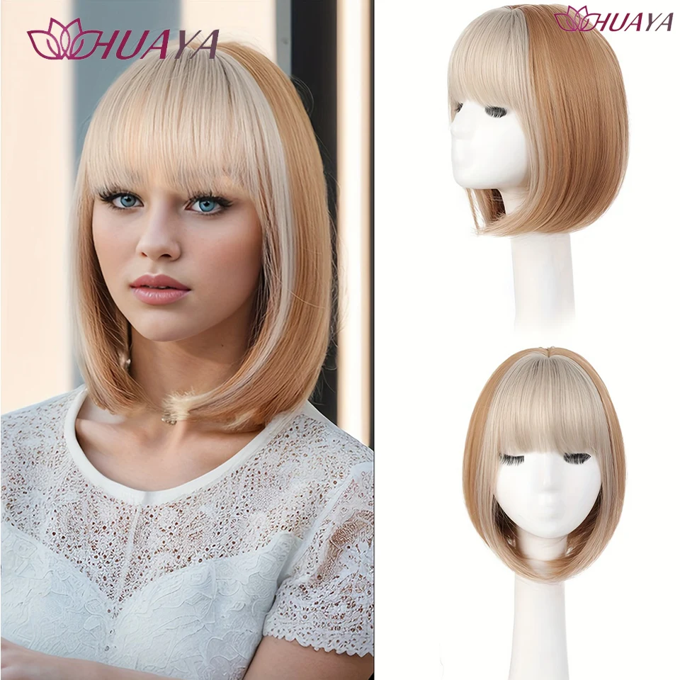 

Short Synthetic Wig With Bangs And Bobs Highlights Straight Hair Breathable Inner Net Cosplay Daily Wear Temperament Age Reducti