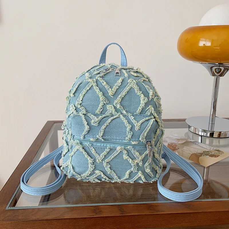 

Модные джинсовые рюкзаки с ромбовидной решеткой, однотонная молния, стильный дизайн, изысканные сумки на плечо двойного назначения для женщин, 2025 г., повседневная новинка