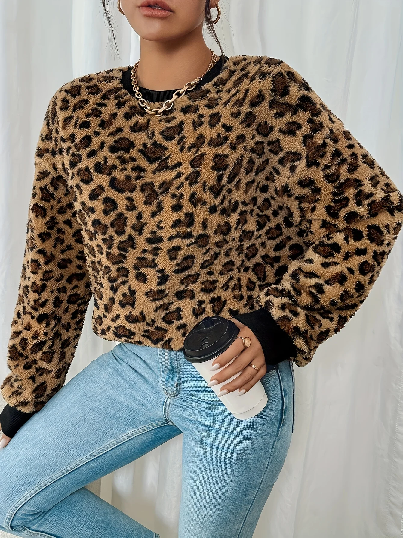 Damska bluza teddy bear z odkrytymi ramionami w panterkę, damska bluzka z długim rękawem, zimowa odzież damska, flanelowa odzież damska