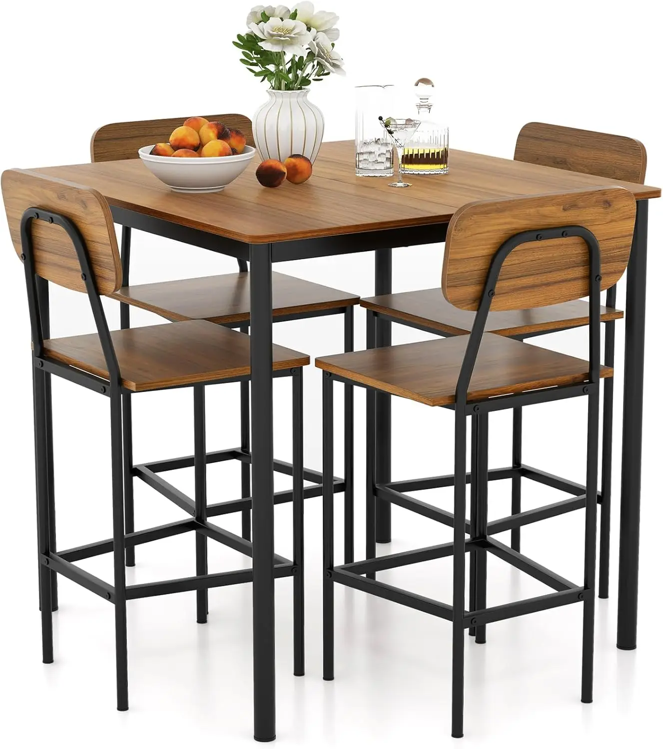 5-Piece Dining Table Set W/Counter Height Table & 4 Bar Stools, Industrial Kitchen Dining Table Set W/Footrest & Backrest