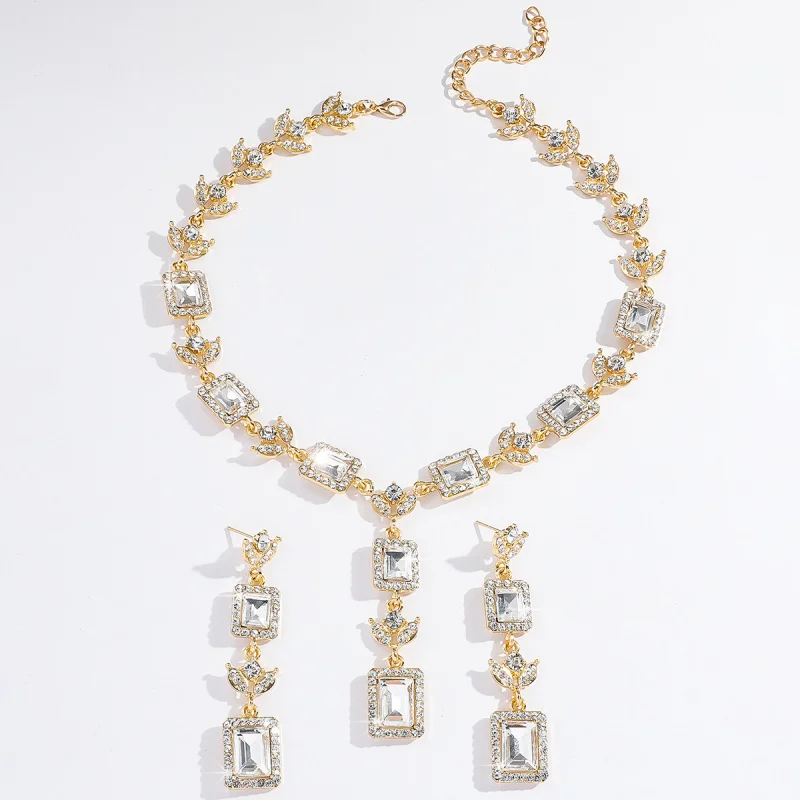 FemaleinsTassel Square Earrings Necklace Set  European and American style luxury high-end wedding evening dress accessories