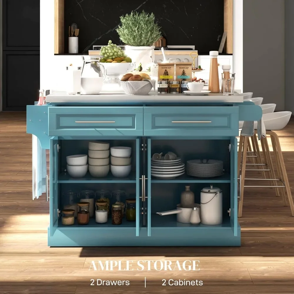 Rolling Island with Wheels for Kitchen, Portable Kitchen Island with Stainless Steel Top,Teal Blue，Kitchen Islands & Trolleys