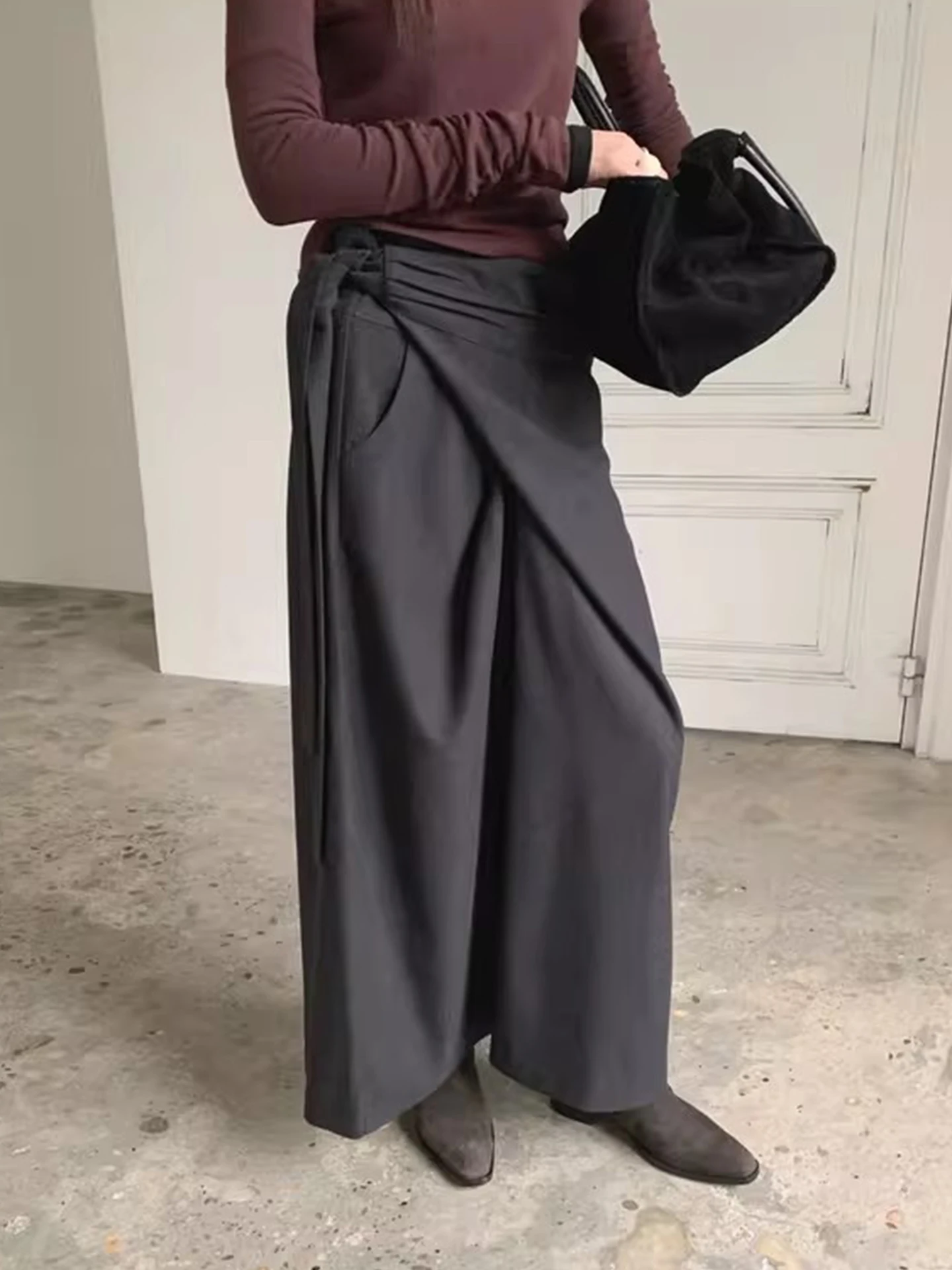 Hohe Taille Plissee Midi Rock Damen Herbst Winter Vintage Kleine ence Krawatte Gürtel Asymmetrische Schlankheitsröcke