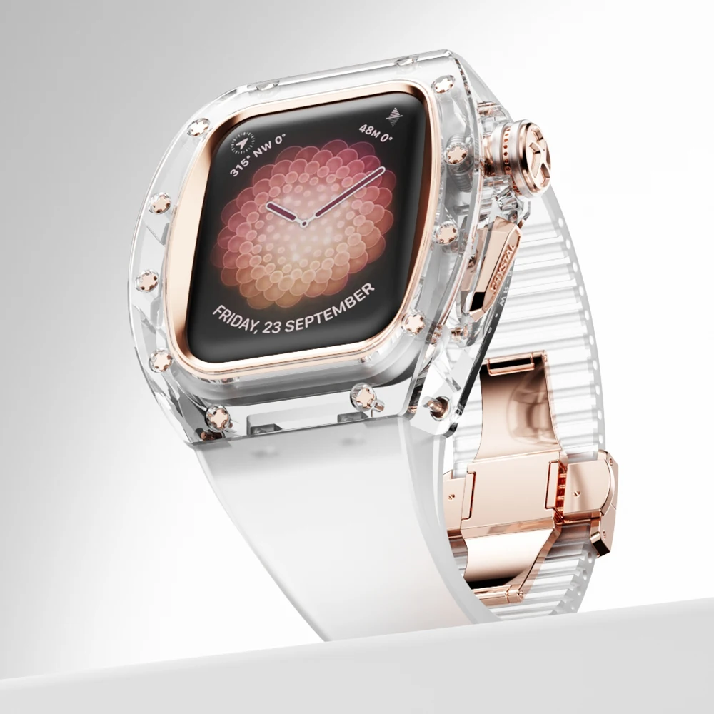 애플 워치용 Viton 스트랩 크리스탈 모드 키트, 패션 개조 케이스, 럭셔리 iWatch 시리즈 9, 8, 7, 6, 5, 4, SE, 화이트 밴드, 44mm, 45mm