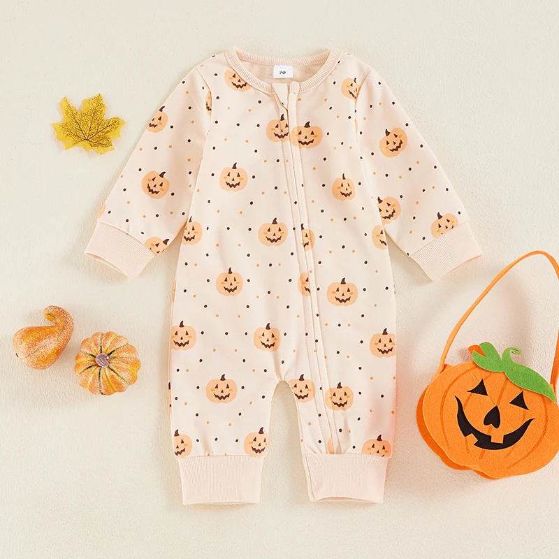 Baby Halloween Jumpsuit Long Sleeve Round Neck Pumpkin Dots Print Romper Newborn Outfit