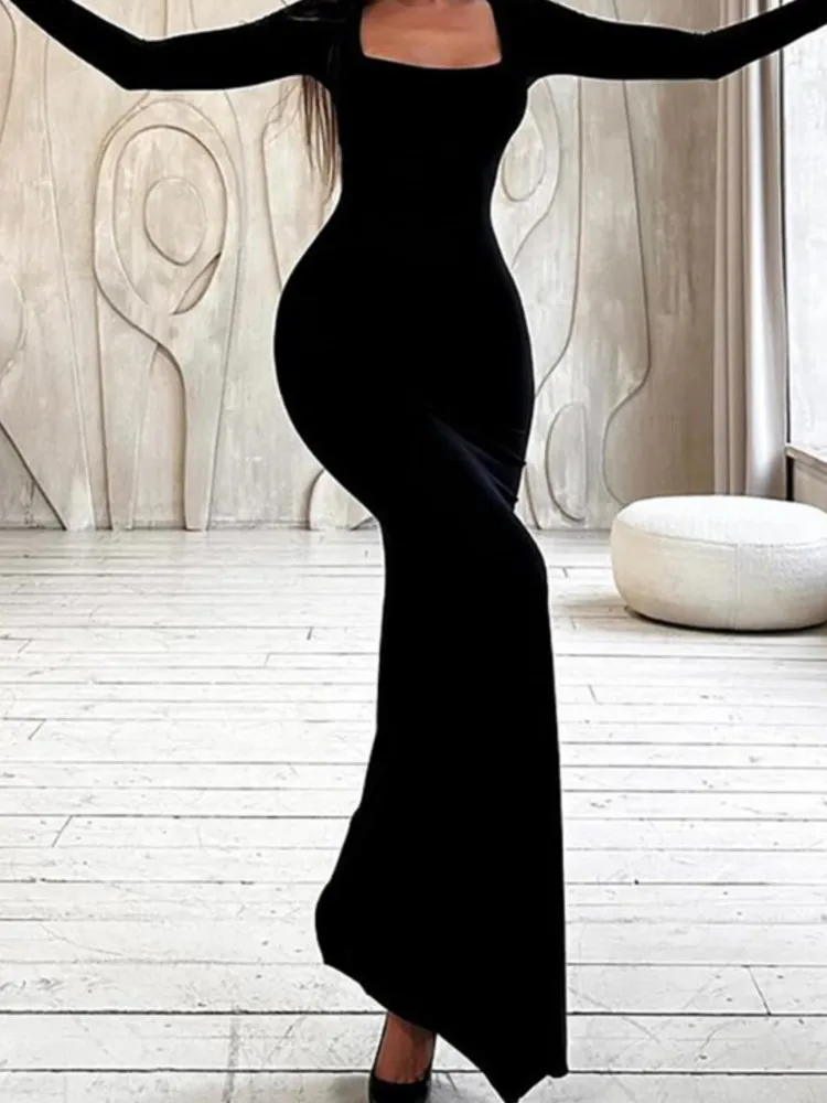 Sexy Zwart Slanke Lange Jurken Vrouwen Lange Mouw Vierkante Kraag Laag Uitgesneden Pakket Hippe Bodycon Maxi Jurk Fashion Party Club Vestidos