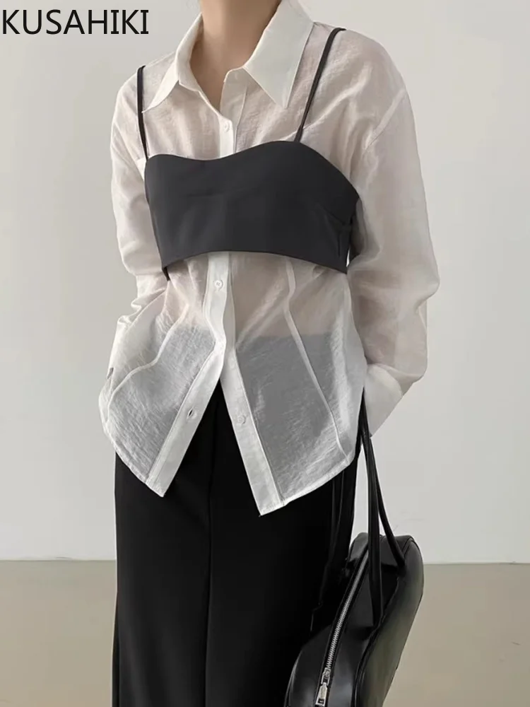 KUSAHIKI Korean Chic Elegant Single Breasted Slightly Transparent Long Sleeved Shirt + Wave Design Wrapped Chest Strap Set