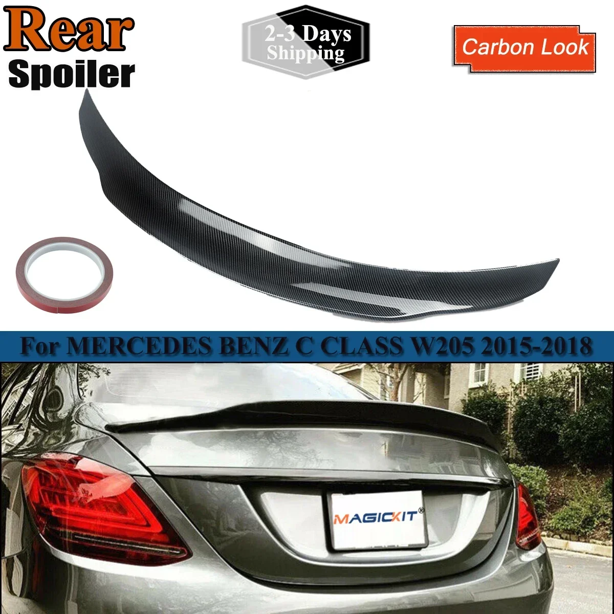 Carbon Fiber Look Rear Trunk Tail Wing Lip W205 Spoiler Amg For Mercedes Benz 4DR PSM Style 2015+