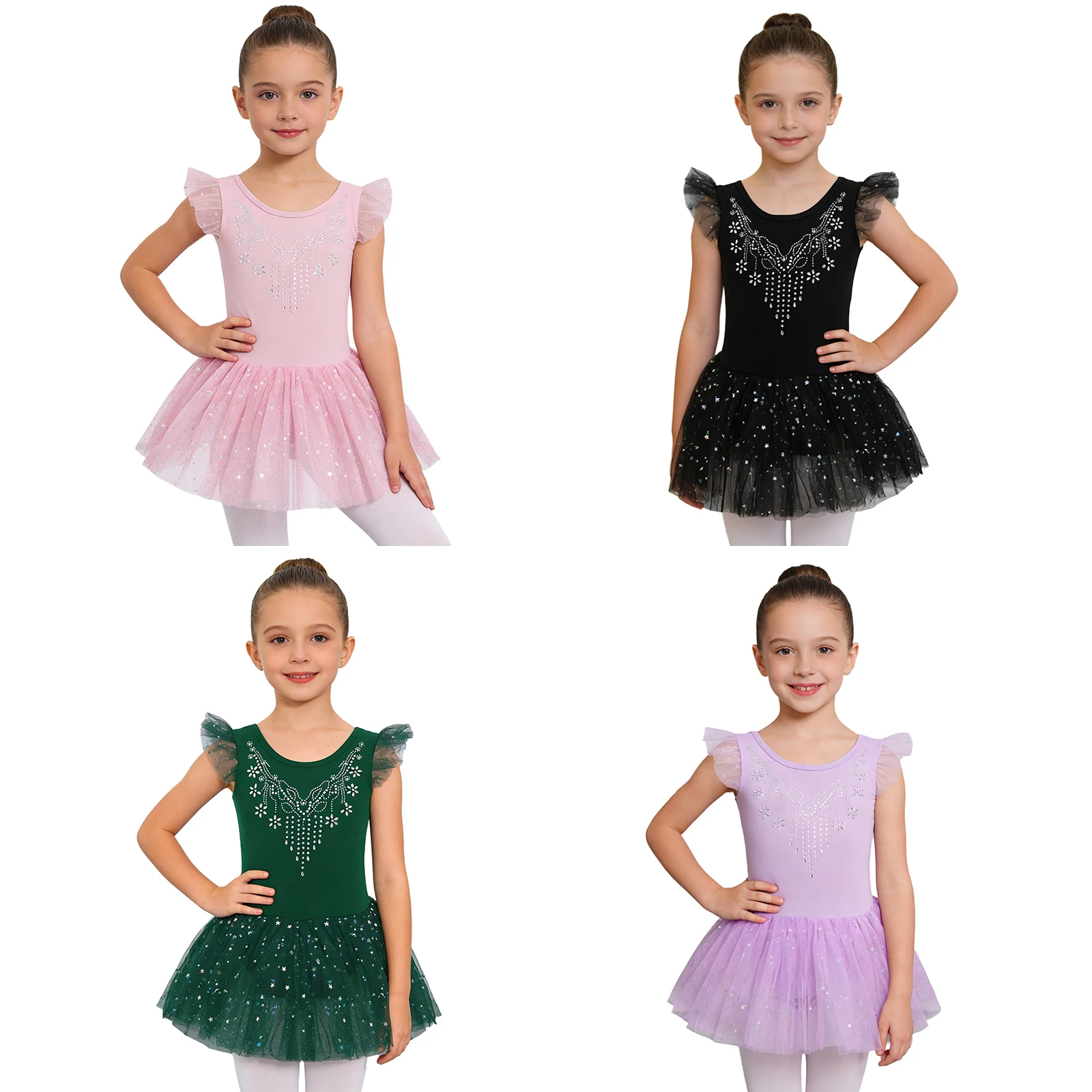 Leotards de Ballet com Glitter para Meninas, Mangas com Babados, Fantasia de Ginástica, Roupas de Dança para Crianças, Vestidos Tutu de Dança