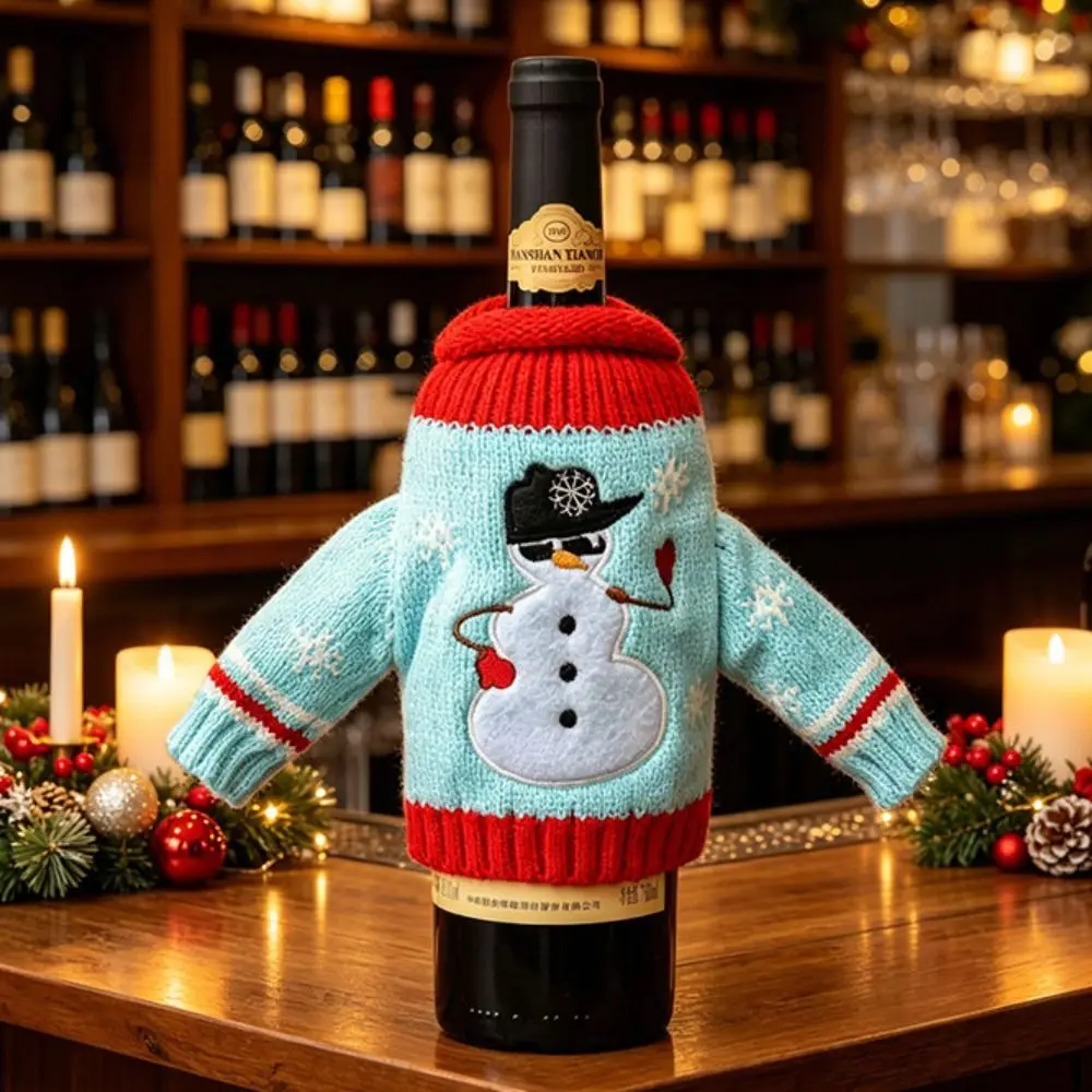 Elk Wine Bottle Cover Snowflake with Mini Santa Hat Christmas Knitted Bottle Cover Snowman Reusable Cover Beer Bottle Cover