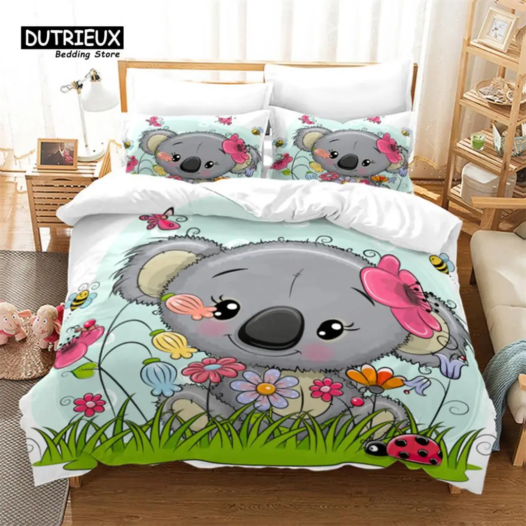 

Cartoon Koala Duvet Cover Microfiber Cute Animal Bedding Set Leaves Flowers Comforter Cover For Boys Girls Children Room Decor