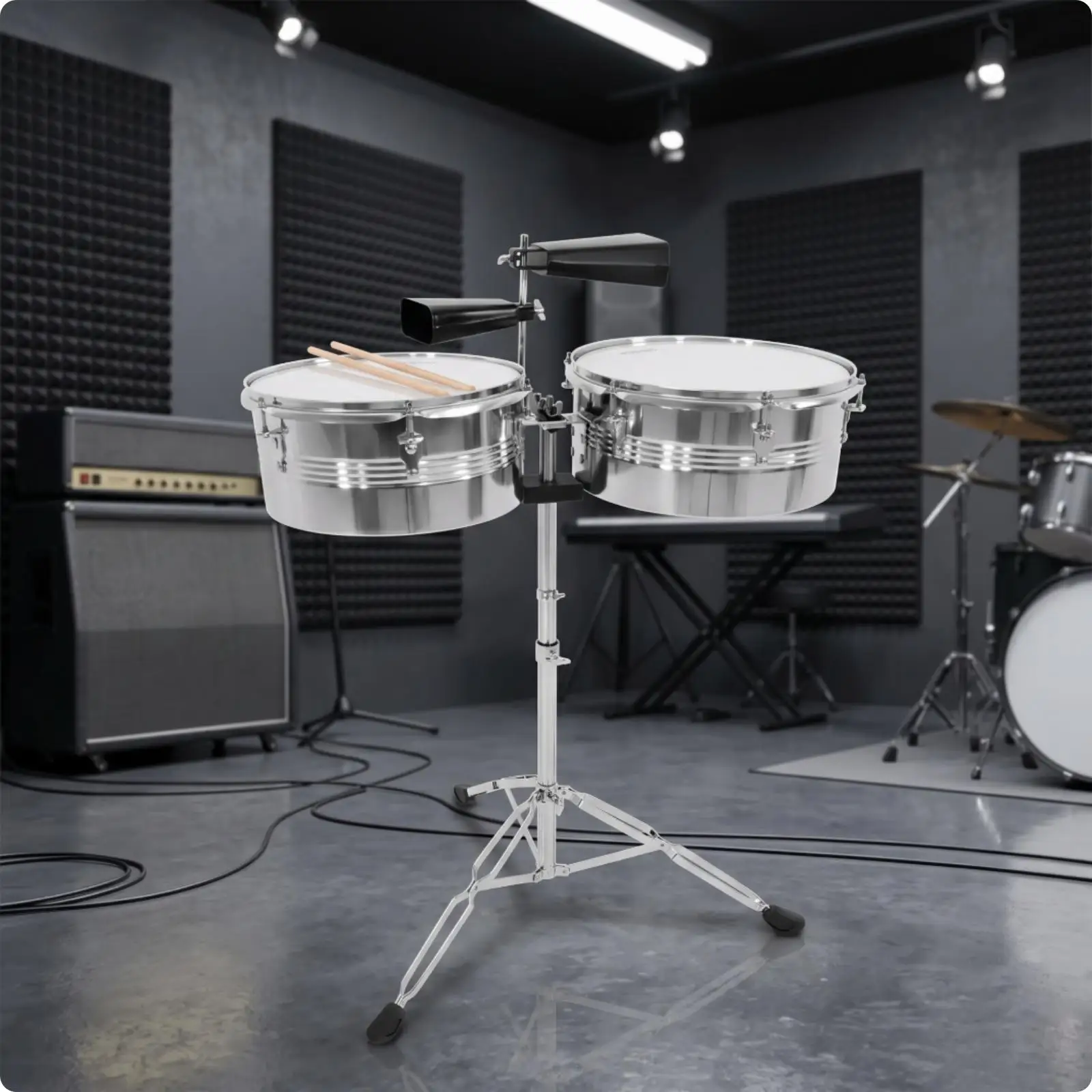 Timbales with Stand and Cowbell Chrome Timbales with Stand Height-Adjustable