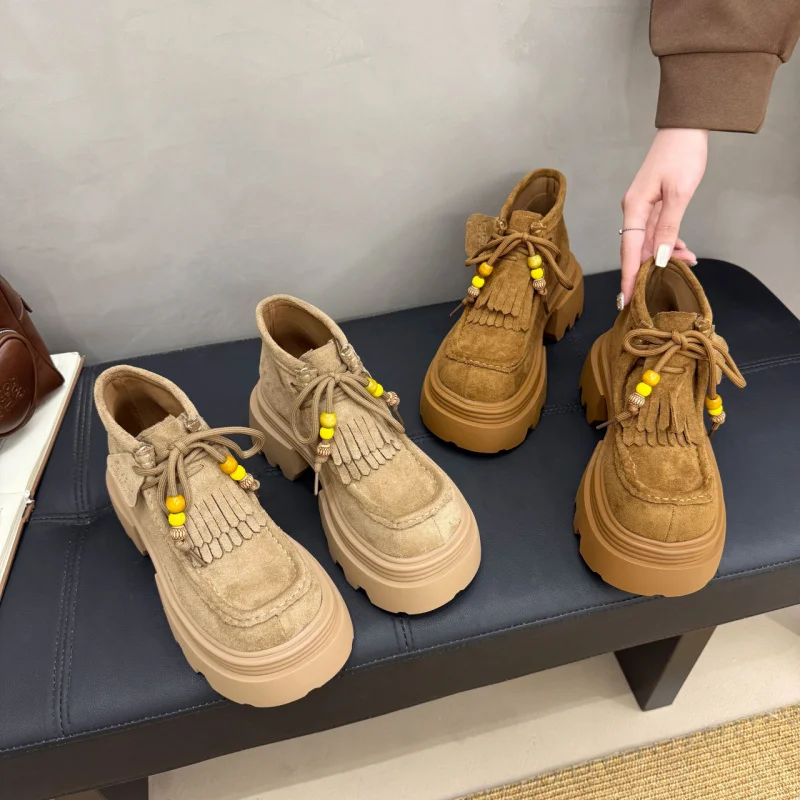 

Women's Ankle Boots 2025 New Autumn Thick-Soled Height-Increasing Lace-Up Short Boots Retro Western Boots Leather Boots