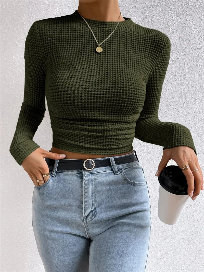 New Women's Crew Neck Cropped Long Sleeve Top Ribbed Slim Fit Elegant Versatile Trendy Casual Commute Office Daily Wear Blouse - view 6
