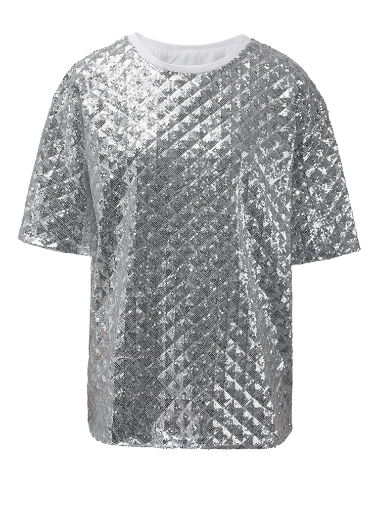 EAM-T-shirt manches courtes col rond femme, paillettes brillantes, document argenté, grande taille, nouvelle mode, marée printemps été 2024, CPG1443