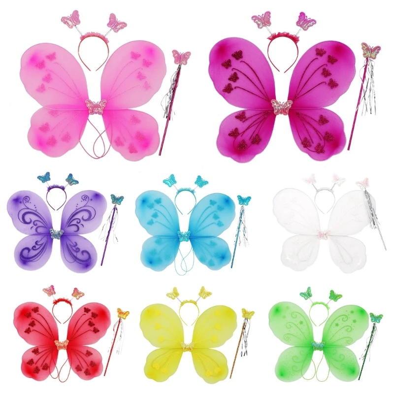 Disfraces mariposas para niñas, diadema varita mágica con alas hada princesa, 3 piezas, accesorios para fiesta Cosplay Halloween