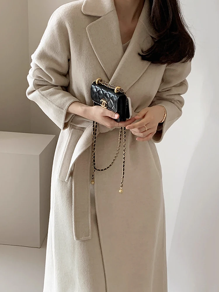 

Длинное шерстяное пальто Ele, шикарное осеннее новое винтажное пальто с воротником-стойкой и поясом, утягивающая верхняя одежда для женщин, чистый цвет