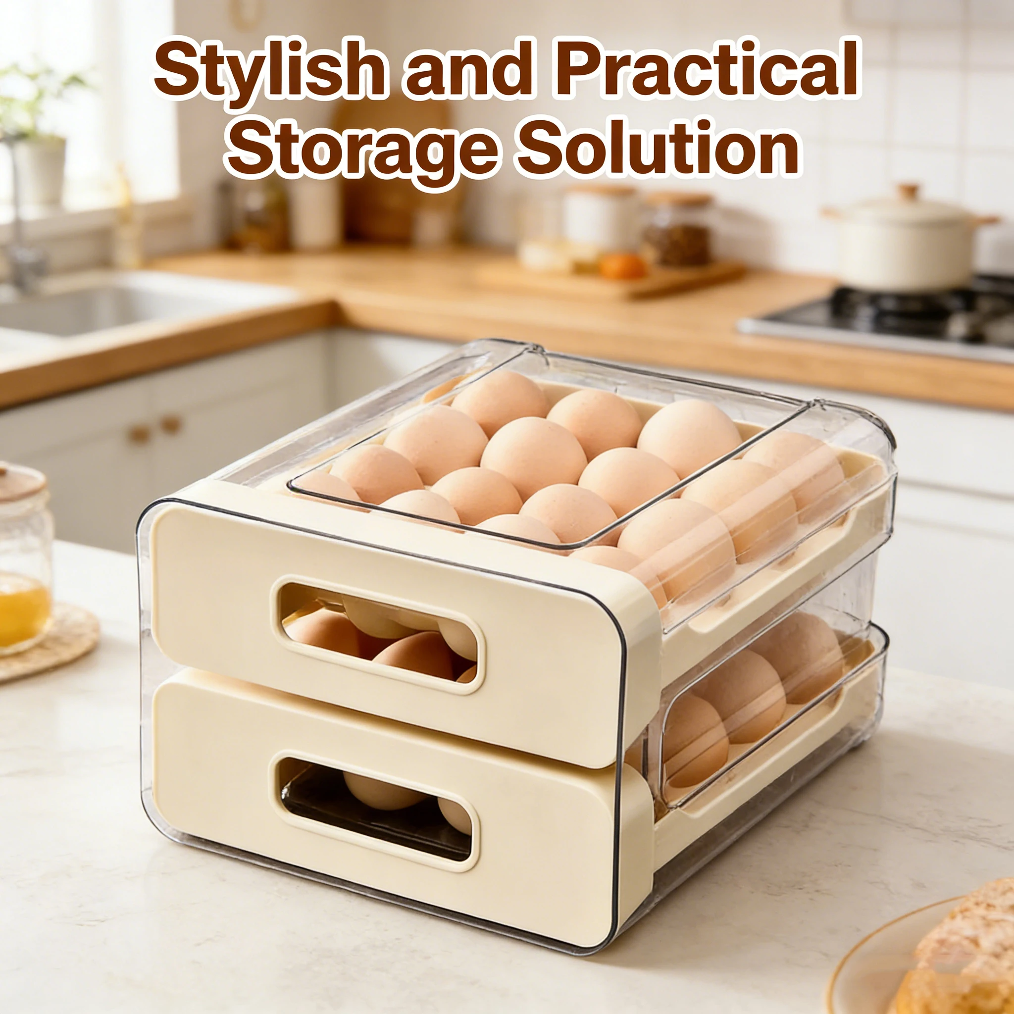 2-Layer Drawer Type Egg Storage Box, 40 Grid Large Capacity Refrigerator Egg Organizer, Clear Plastic Egg Holder for Kitchen