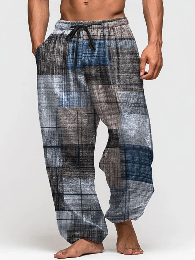 

2025 Summer Drawstring Loose-Fit Men's Wide-Leg Pants 3D Retro Patchwork Print Casual Trousers Everyday Wear Long Pants