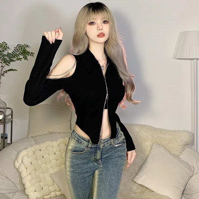 

plus Size 300 Pounds Street Style Design Shoulder Bared Chain Long Sleeve T Shirt Women Spring Irregular Short Top Korean Sty...