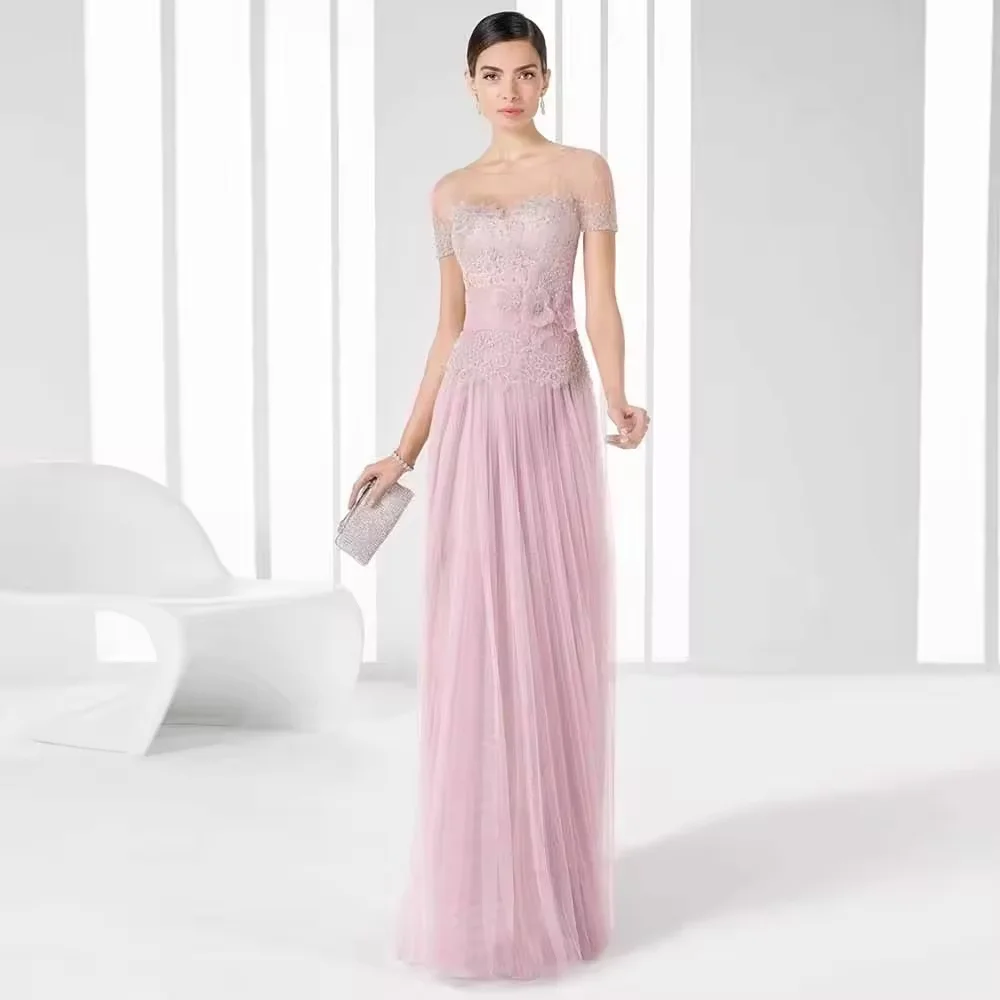 Customized Retro Mother of the Bride Dress Tulle Sheath/Column Wedding Party Dresses Pink O-Neck Lace Ruched Pleat Prom Dresse