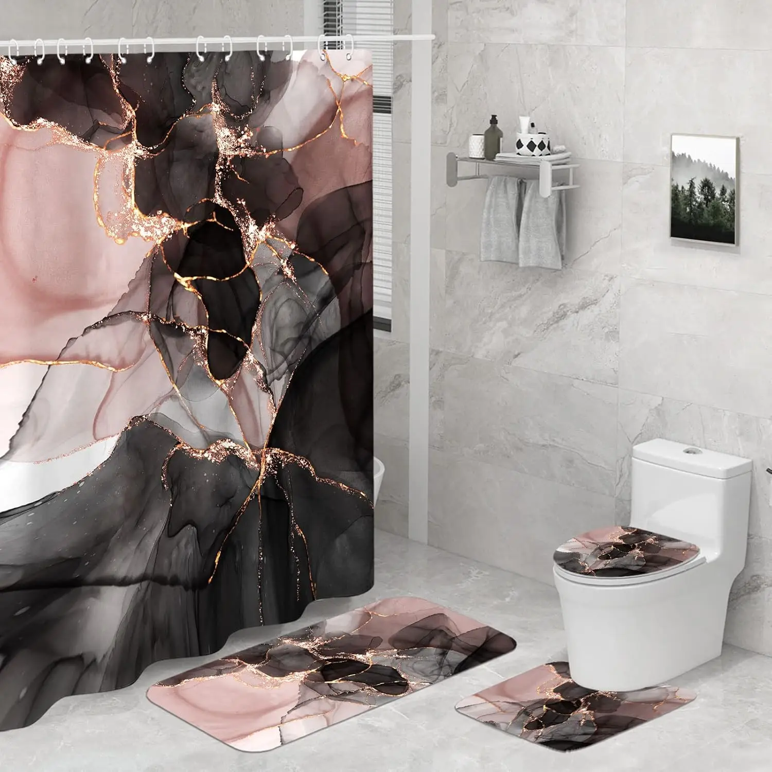 

Seorsok Pink Gold Marble Shower Curtain Sets 4 Piece with Rugs,Black Pink Gold Bathroom Sets with Shower Curtain and Rugs and Ac