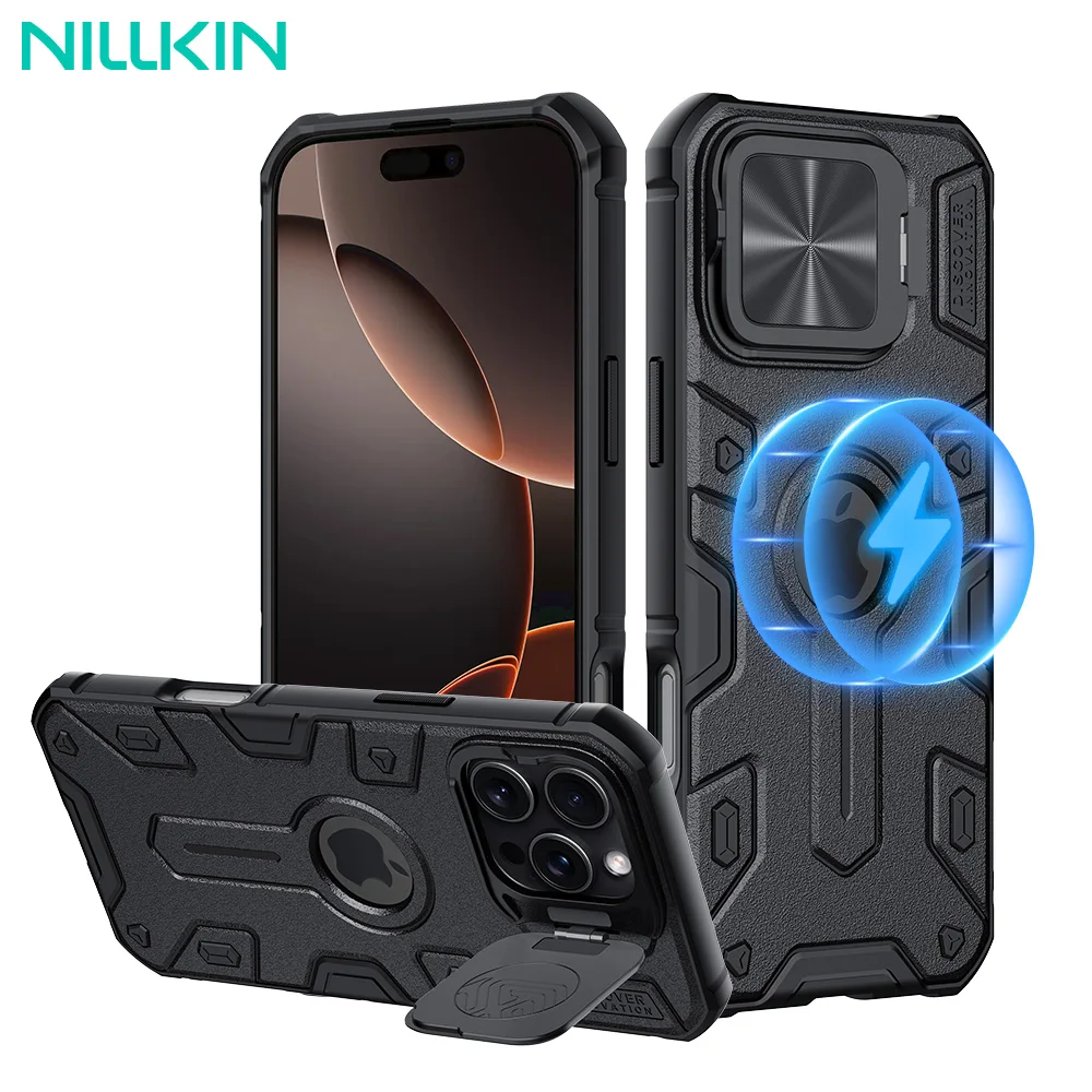 Nillkin For iPhone 16 Pro Max Magsafe Case Armor Prop Lens Holder Anti Shockproof Back Cover for iPhone 16 Pro Max Magnetic Case