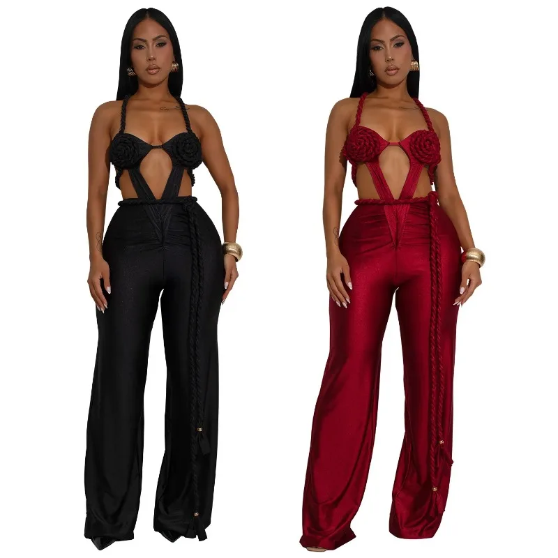 

Women Halter Neck Ruched Sleeveless Wide Leg Jumpsuits 2026 Fall Vacation Beach Romper Playsuit One Piece Set Outfits