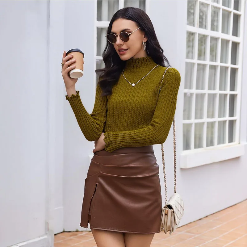 

Lace half-turtleneck temperament warm knitted sweater, comfortable and versatile white long-sleeved pullover in winter